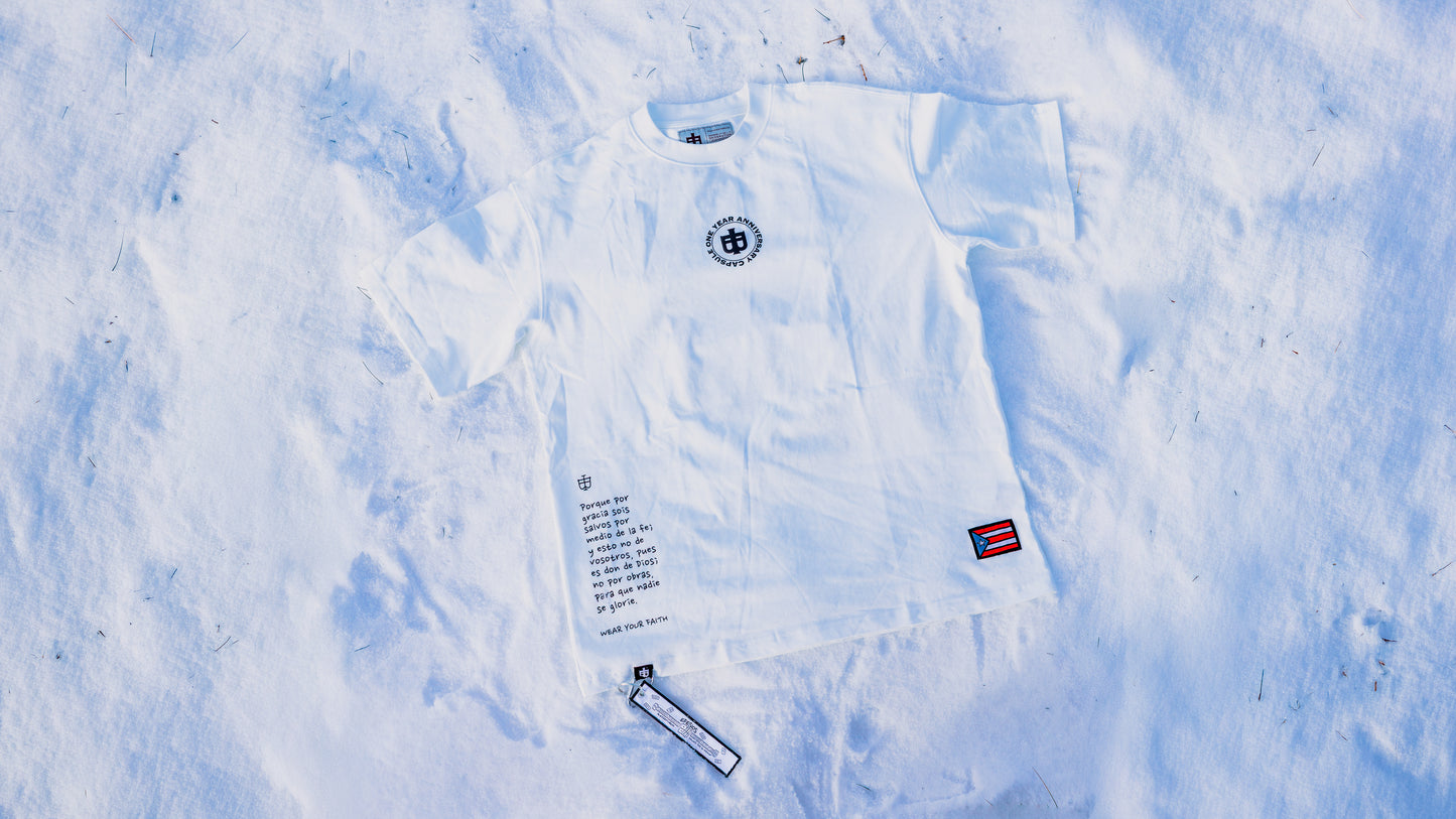 White Oversized Anniversary Faith Tee - Efesios 2:8